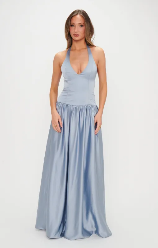 Eliza Maxi Dress ~ Steel Blue Luxe Satin sold by Show Me Your MuMu