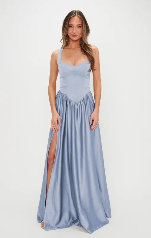 Abigail Maxi Dress ~ Steel Blue Luxe Satin sold by Show Me Your MuMu