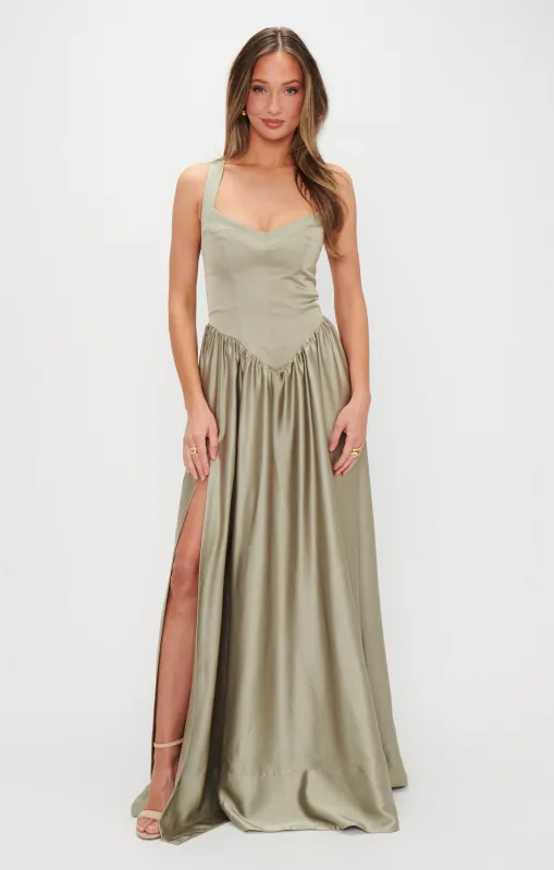 Abigail Maxi Dress ~ Moss Green Luxe Satin sold by Show Me Your MuMu