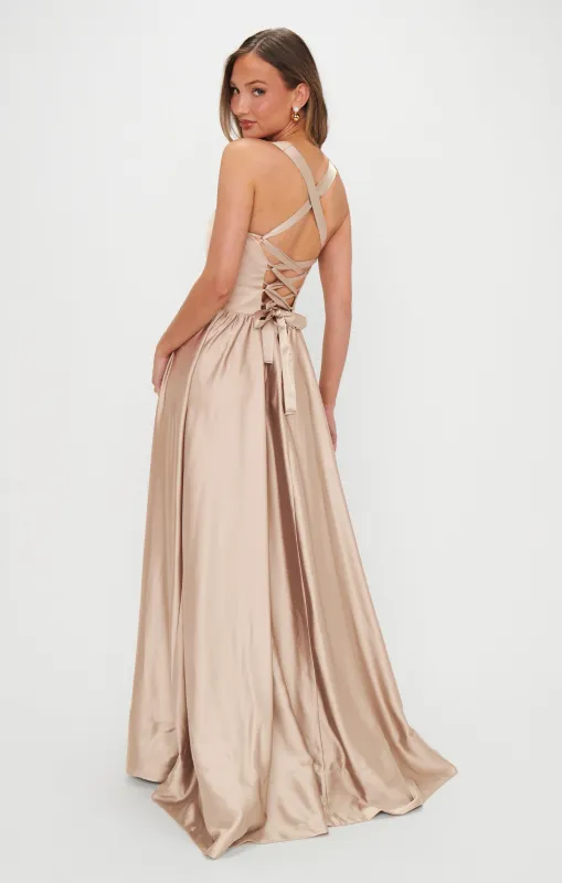 Abigail Maxi Dress ~ Champagne Luxe Satin sold by Show Me Your MuMu