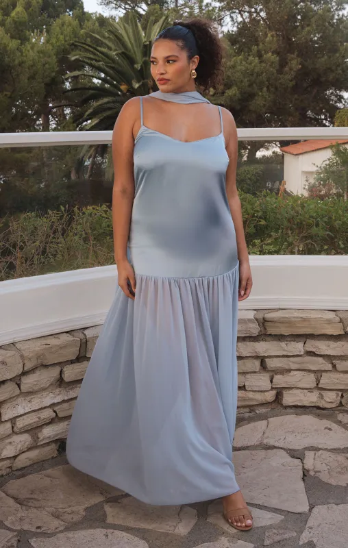 Dalia Maxi Dress ~ Steel Blue Luxe Satin sold by Show Me Your MuMu