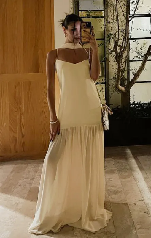 Dalia Maxi Dress ~ Pale Yellow Luxe Satin sold by Show Me Your MuMu