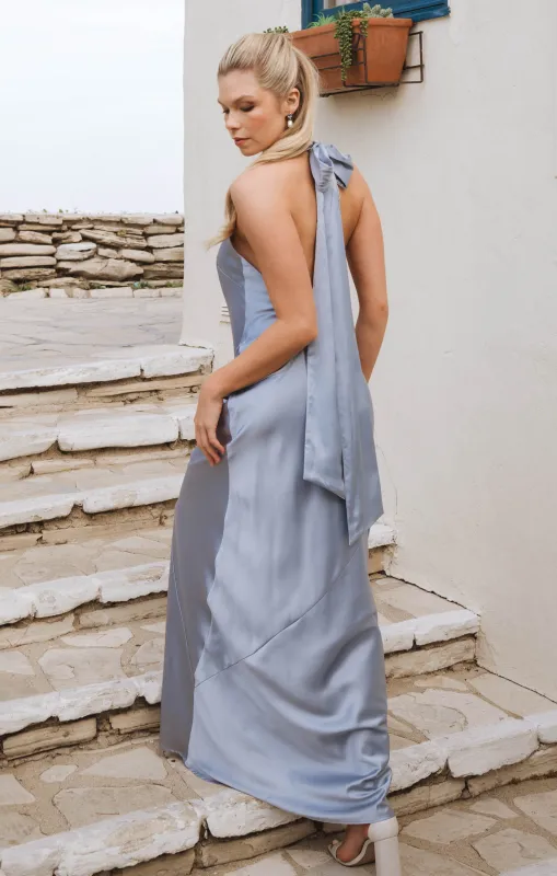Lisa Maxi Dress ~ Steel Blue Luxe Satin sold by Show Me Your MuMu