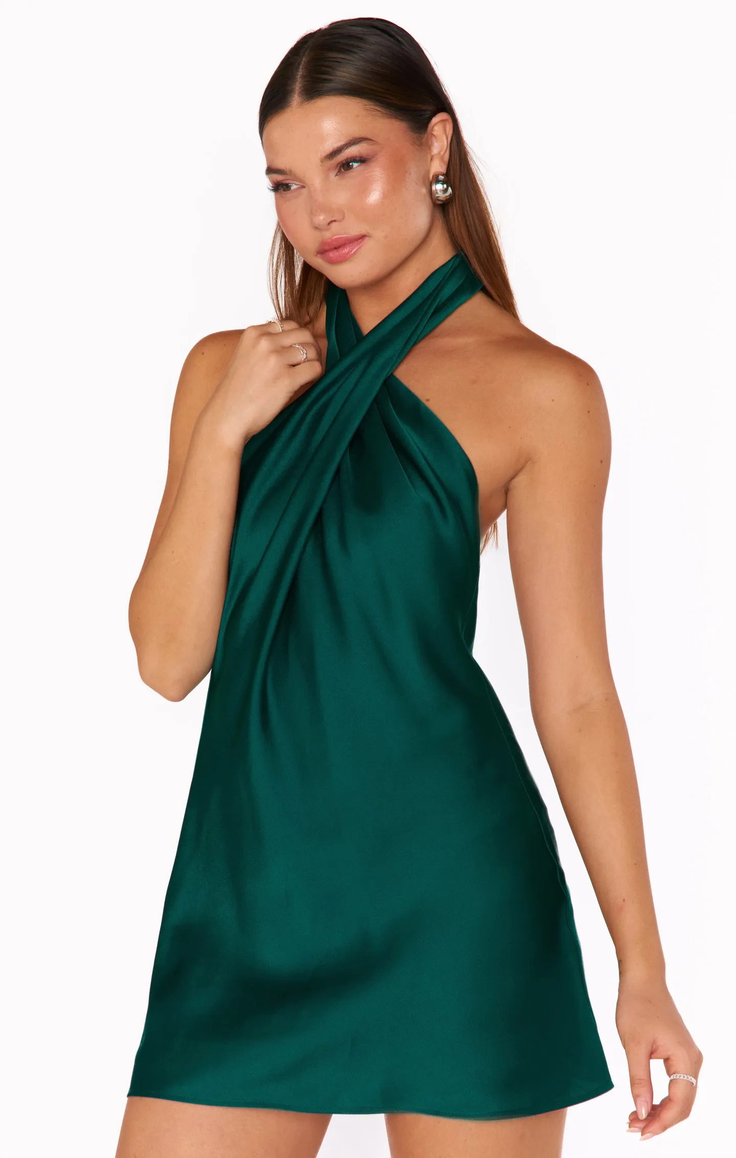 Jasmine Halter Mini Dress ~ Deep Emerald Luxe Satin sold by Show Me Your MuMu product image thumbnail 3