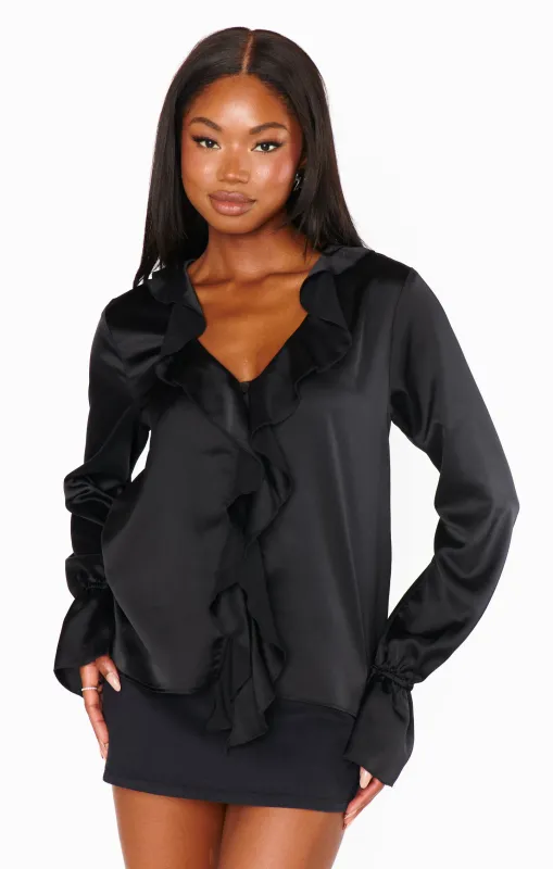 Adela Ruffle Top ~ Black Luxe Satin sold by Show Me Your MuMu