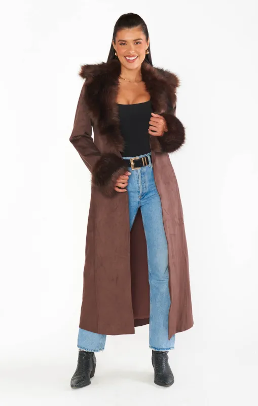 Penny Lane Long Coat ~ Cocoa Faux Suede with Faux Fur made by Show Me Your MuMu