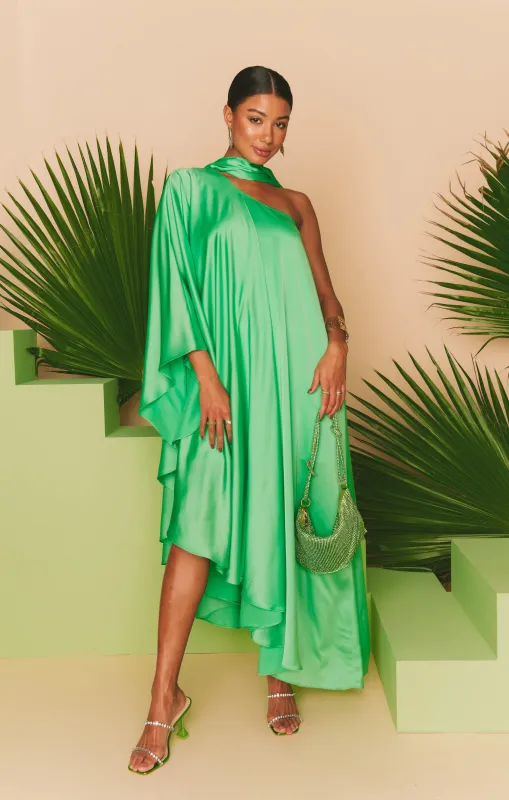 Rhea One Shoulder Dress ~ Kiwi Luxe Satin made by Show Me Your MuMu