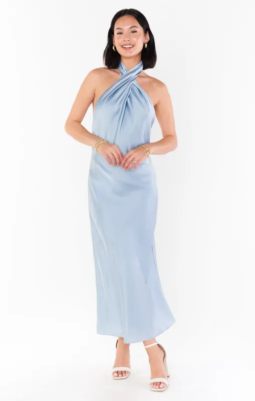 Jasmine Halter Midi Dress ~ Steel Blue Luxe Satin sold by Show Me Your MuMu