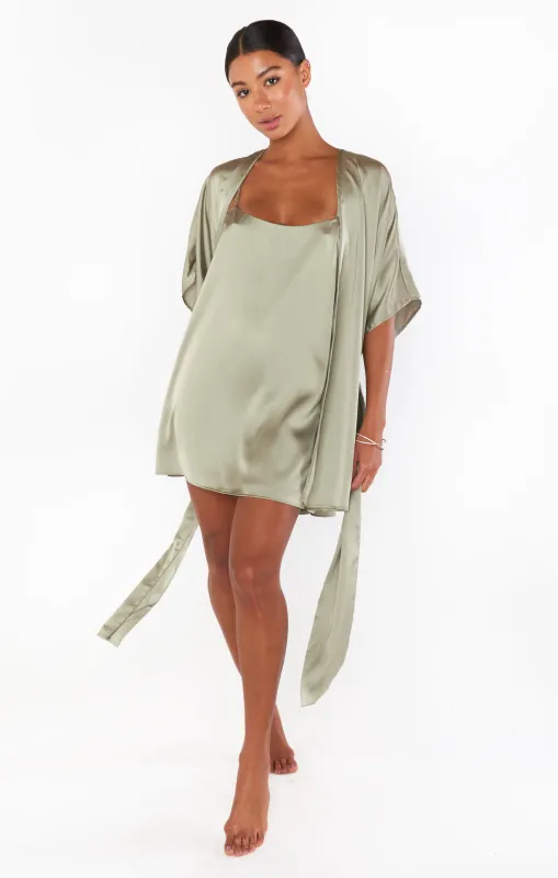 First Look Robe ~ Moss Green Luxe Satin sold by Show Me Your MuMu