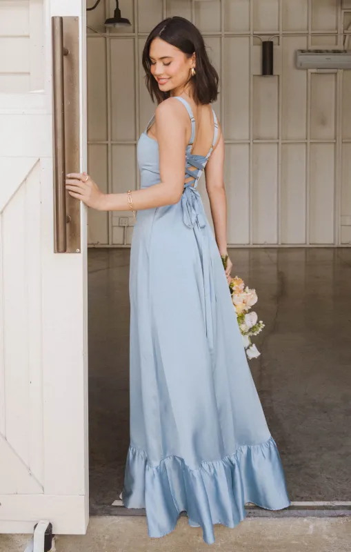 Clarissa Corset Dress ~ Steel Blue Luxe Satin made by Show Me Your MuMu