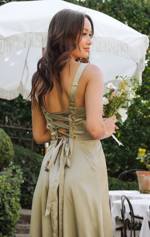 Clarissa Corset Dress ~ Moss Green Luxe Satin made by Show Me Your MuMu