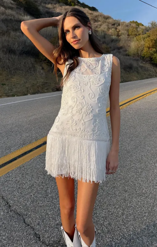 Cyrus Mini Dress ~ White With Fringe sold by Show Me Your MuMu