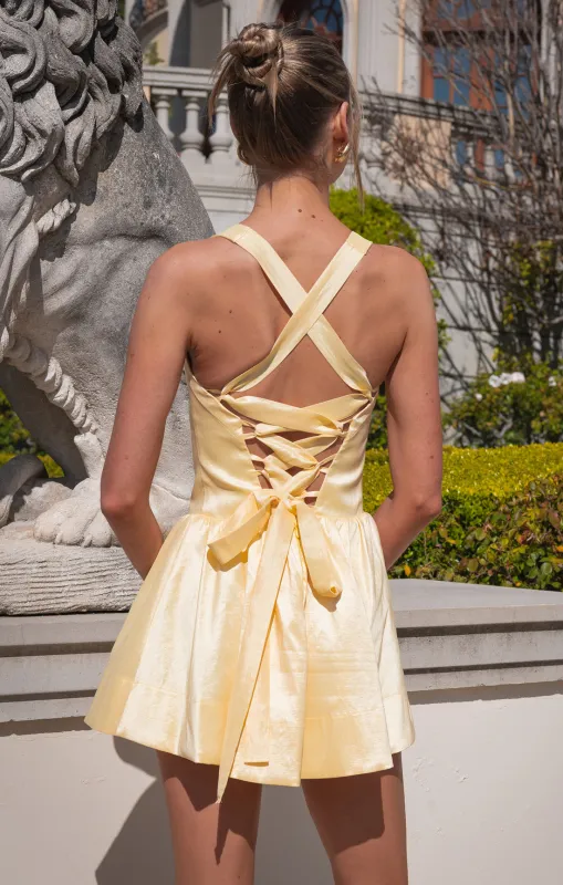 Abigail Mini Dress ~ Pale Yellow Taffeta sold by Show Me Your MuMu