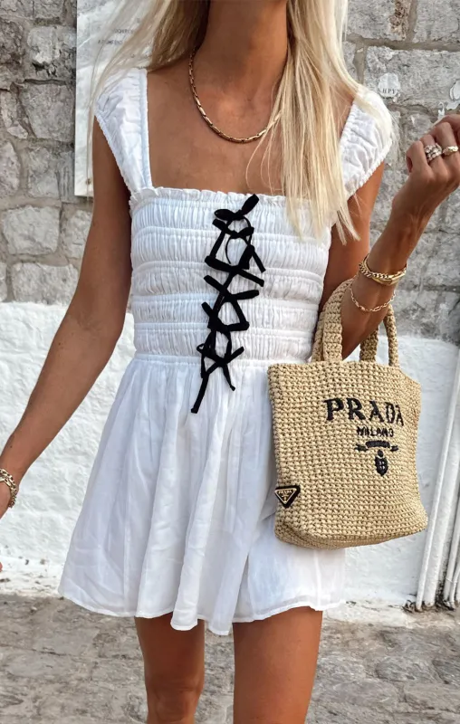 Mabel Mini Dress ~ White Voile with Black Bows sold by Show Me Your MuMu