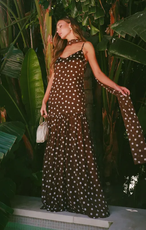 Dalia Maxi Dress ~ Chocolate Brown Polka Dot sold by Show Me Your MuMu