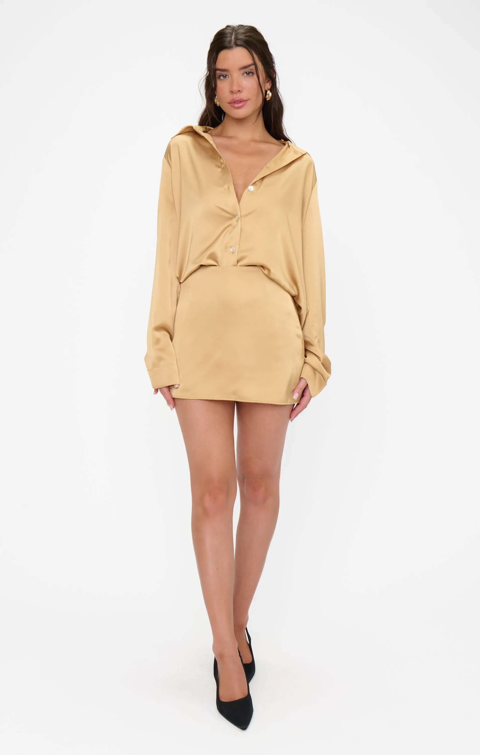 Smith Button Down ~ True Gold Luxe Satin sold by Show Me Your MuMu
