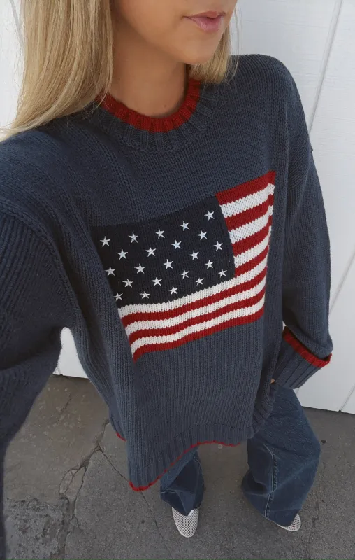 Fireside Sweater ~ American Flag Navy Knit sold by Show Me Your MuMu