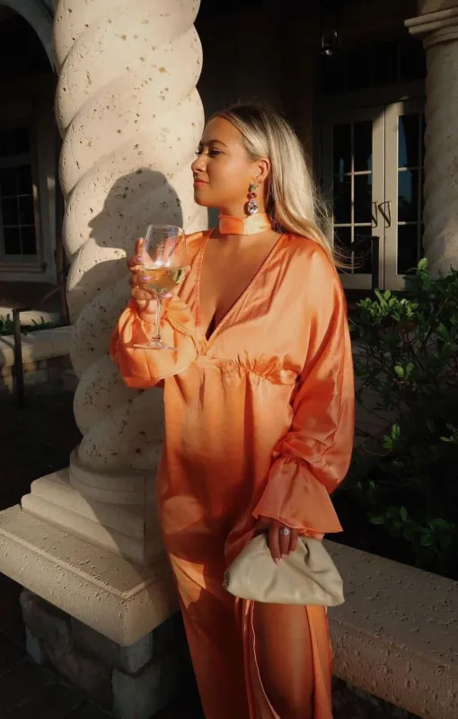 Thalia Maxi Dress ~ Cantaloupe Luxe Satin sold by Show Me Your MuMu