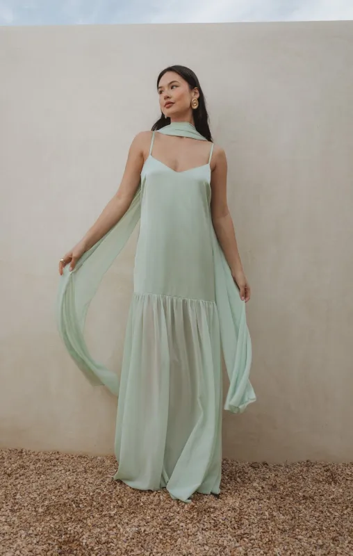 Dalia Maxi Dress ~ Pistachio Luxe Satin sold by Show Me Your MuMu