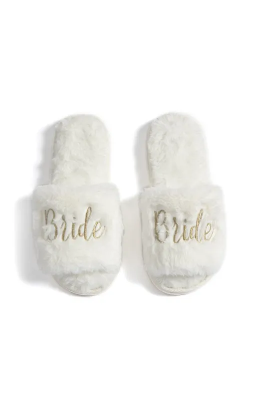 Bride Fuzzy Slippers ~ White/Gold sold by Show Me Your MuMu