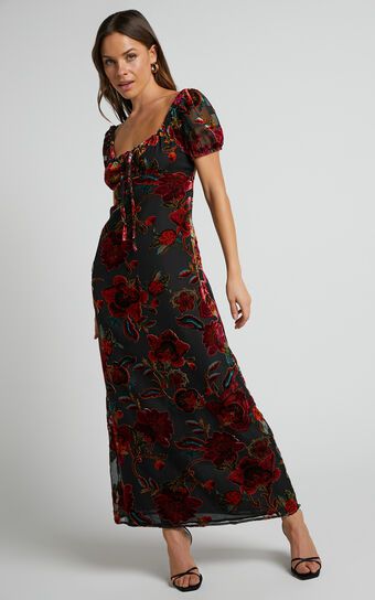 Natachia Midi Dress - Puff Sleeve Burnout Dress in Black Floral sold by Showpo.
