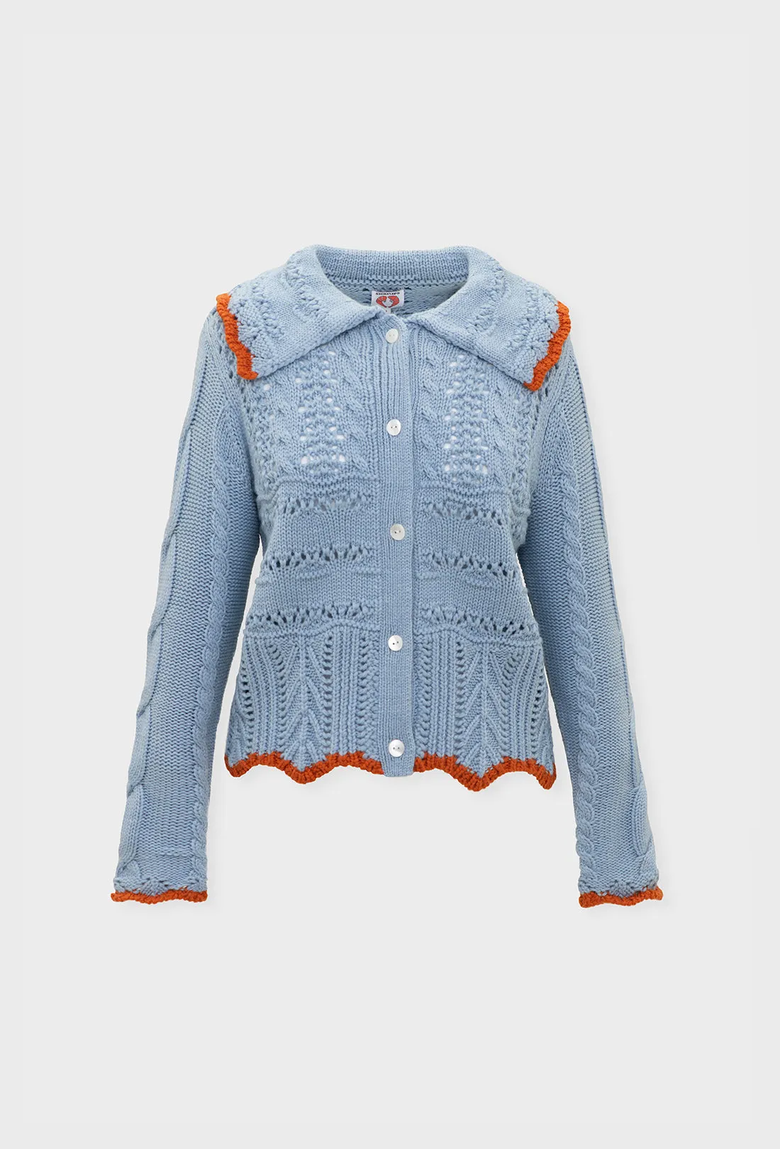 Trixie Cardigan - China Blue/Rust sold by Shrimps