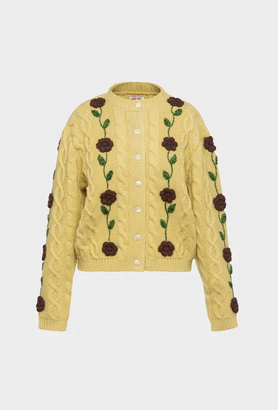 Minnie Cardigan - Dusty Yellow/Chocolate Brown sold by Shrimps