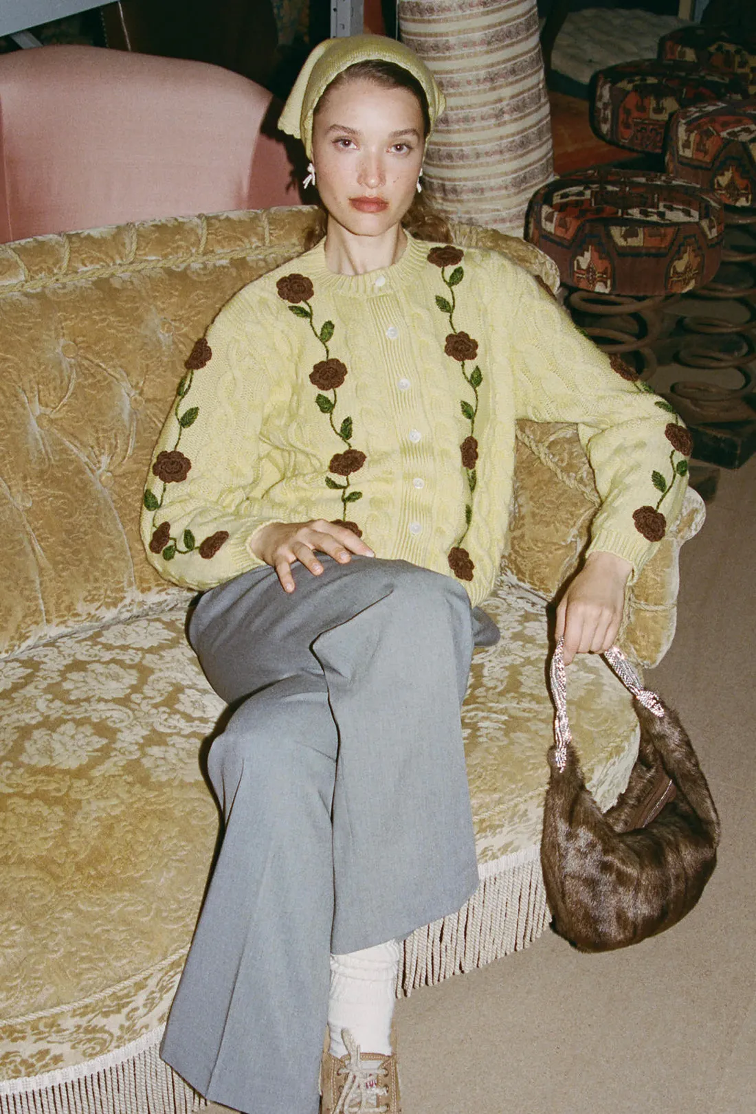 Minnie Cardigan - Dusty Yellow/Chocolate Brown sold by Shrimps product image thumbnail 2