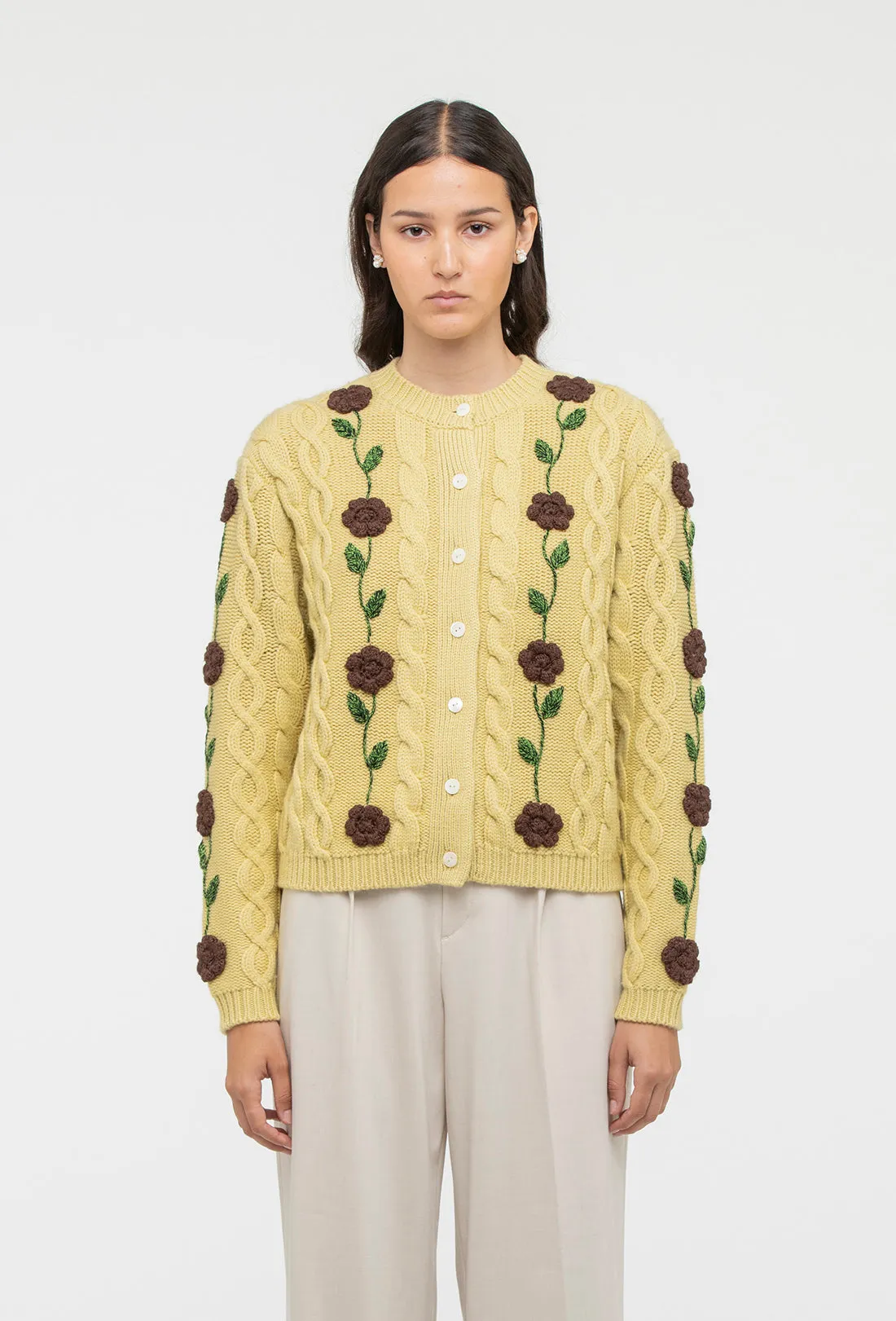 Minnie Cardigan - Dusty Yellow/Chocolate Brown sold by Shrimps product image thumbnail 3