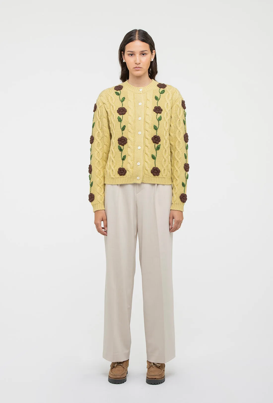 Minnie Cardigan - Dusty Yellow/Chocolate Brown sold by Shrimps product image thumbnail 4