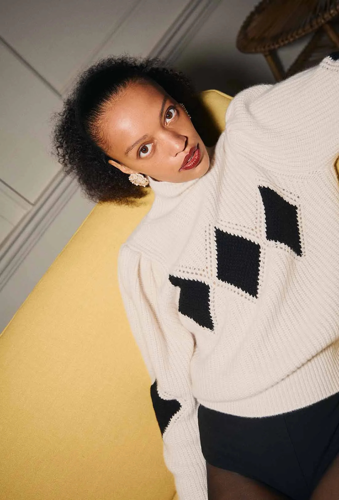 Shrimps x Reformation Diamond Cashmere Turtleneck - Cream/Black sold by Shrimps product image thumbnail 2