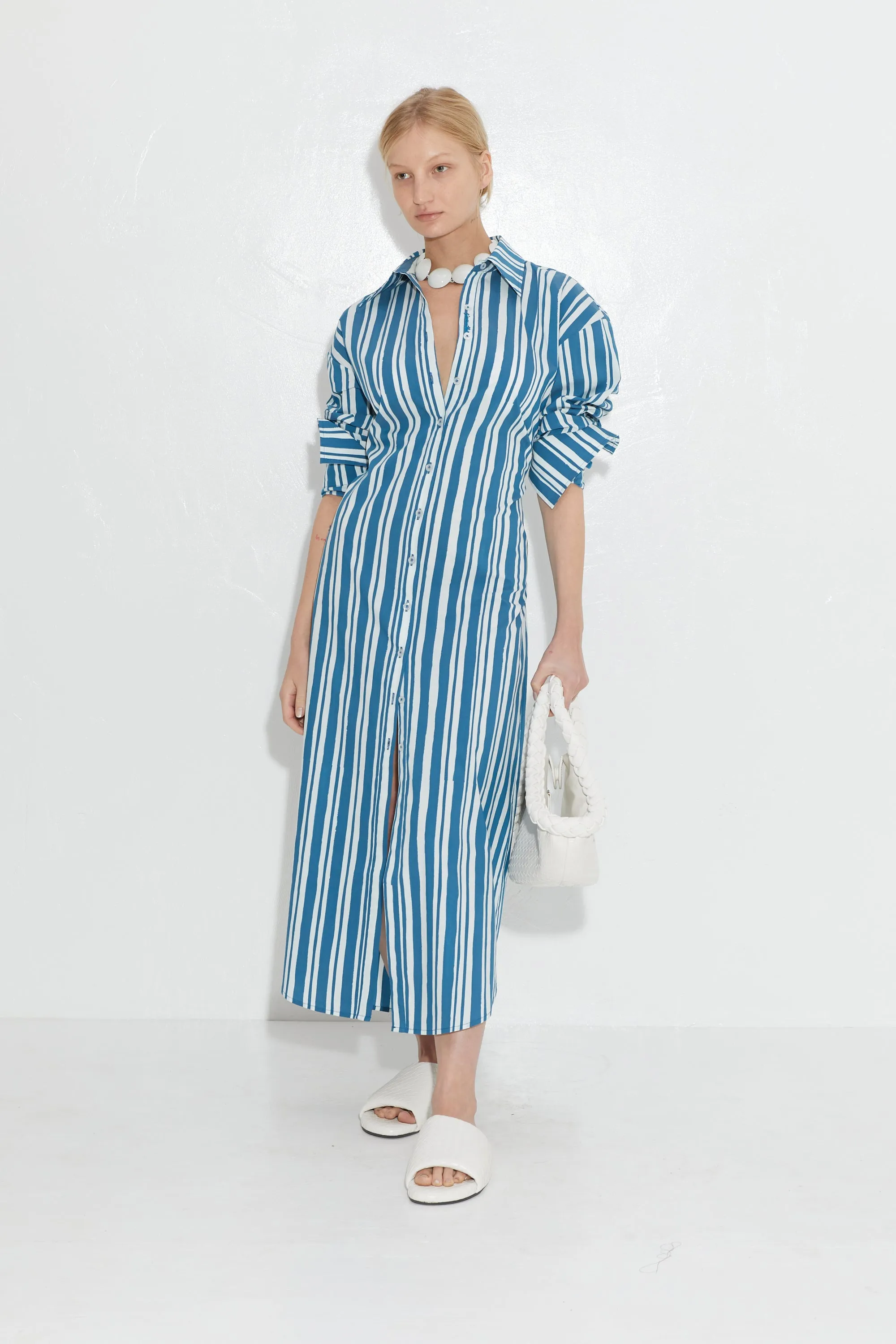 Loch Poplin Dress in Ink Macadamia Stripe sold by Simon Miller