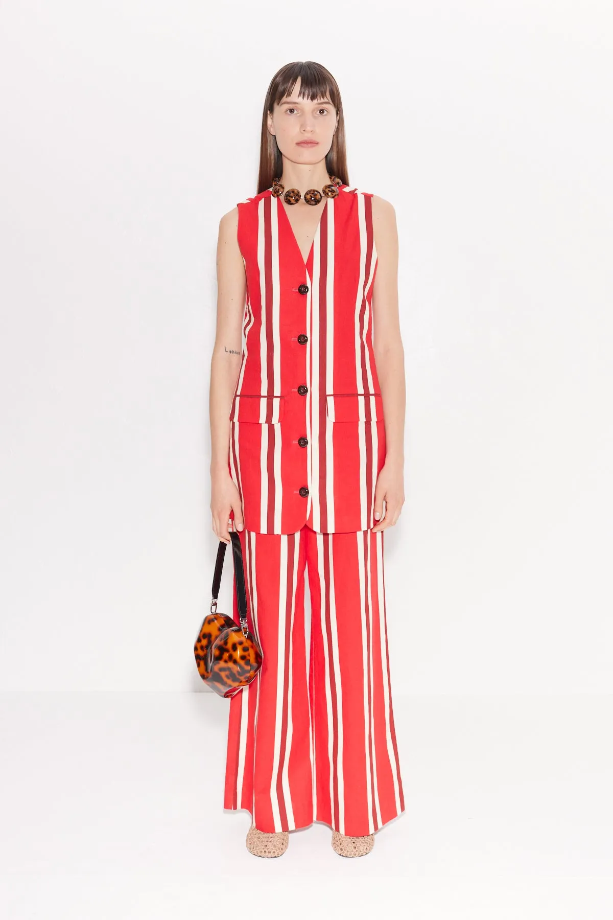 Carob Linen Mini Dress In Moroccan Spice Stripe sold by Simon Miller product image thumbnail 5