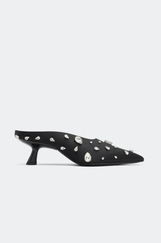 Teardrop Crystal Pointed Gala Mule in Black/Clear sold by Simon Miller