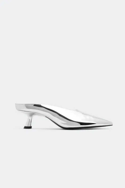 Chrome Pointed Gala Mule In Silver sold by Simon Miller