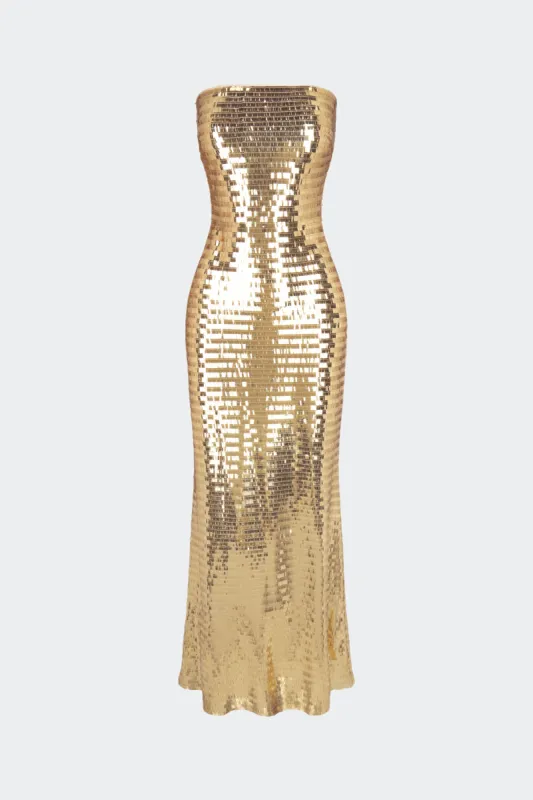 Sculpty Strapless Sequin Dress in Star Gold sold by Simon Miller