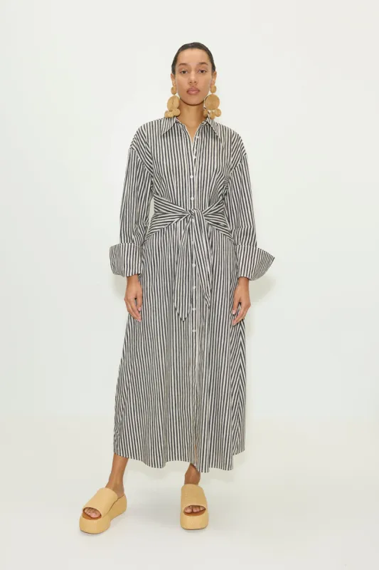 Loch Poplin Maxi Dress in Black/Rice Flour Stripe sold by Simon Miller