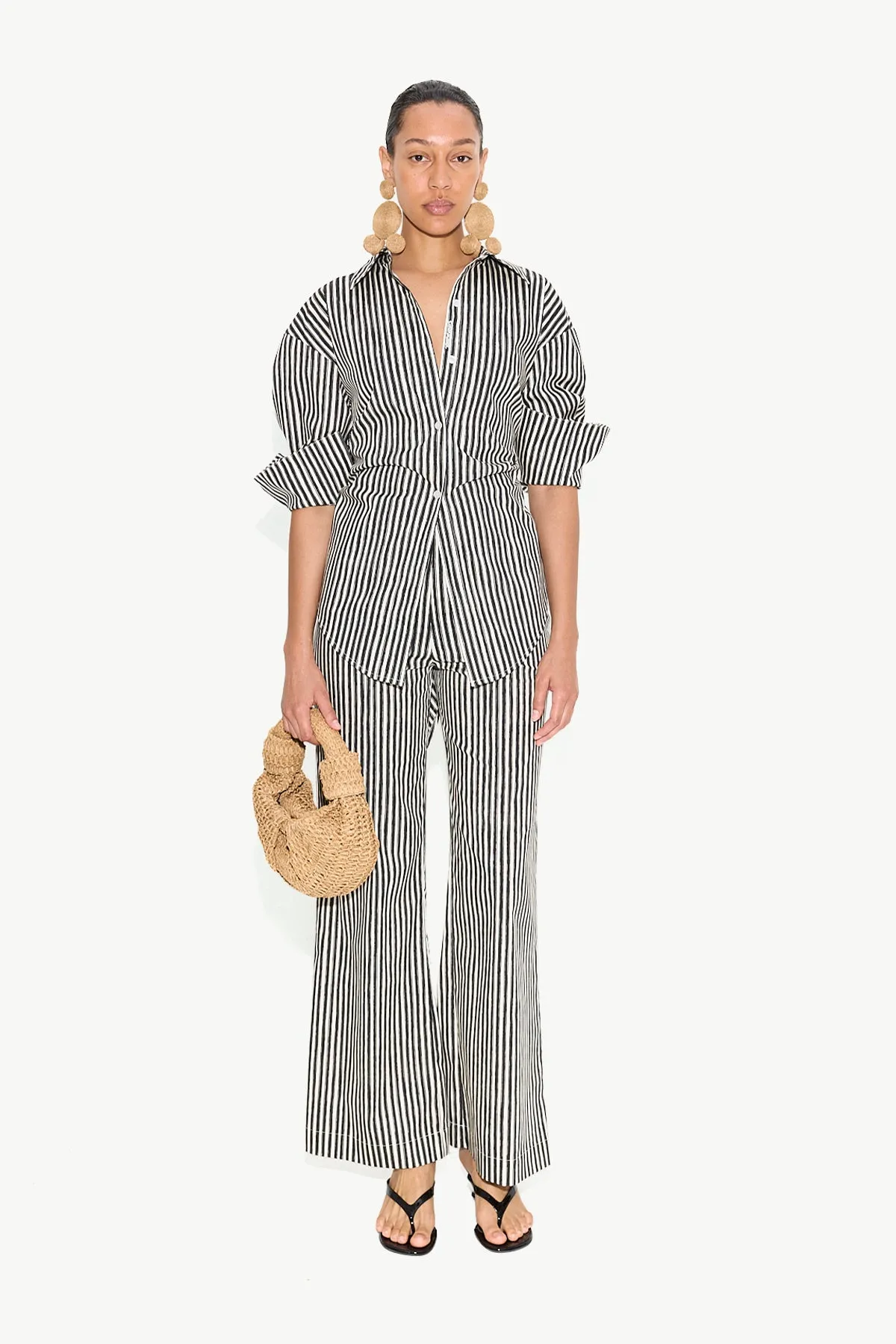 Pia Poplin Pant In Black/Rice Flour Stripe sold by Simon Miller