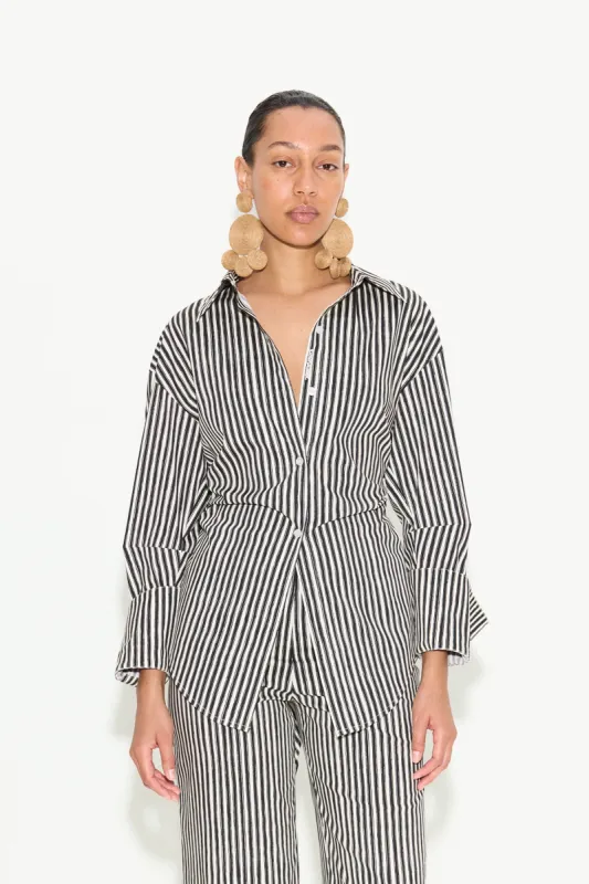 Loch Poplin Button Up in Black/Rice Flour Stripe sold by Simon Miller