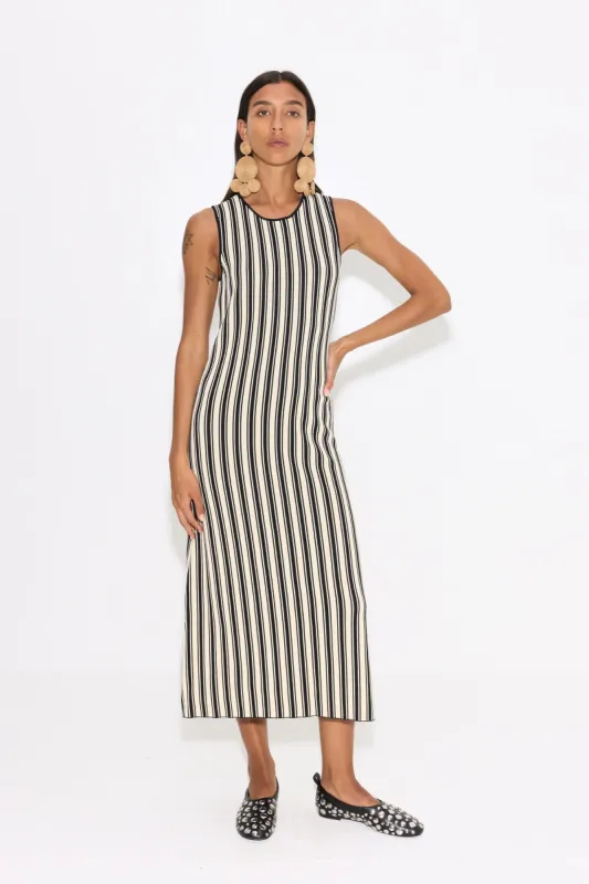 Knits By Axon Sleeveless Dress in Black/Rice Flour Stripe sold by Simon Miller