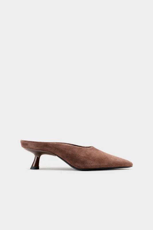Suede Pointed Gala Mule In Chocolate sold by Simon Miller