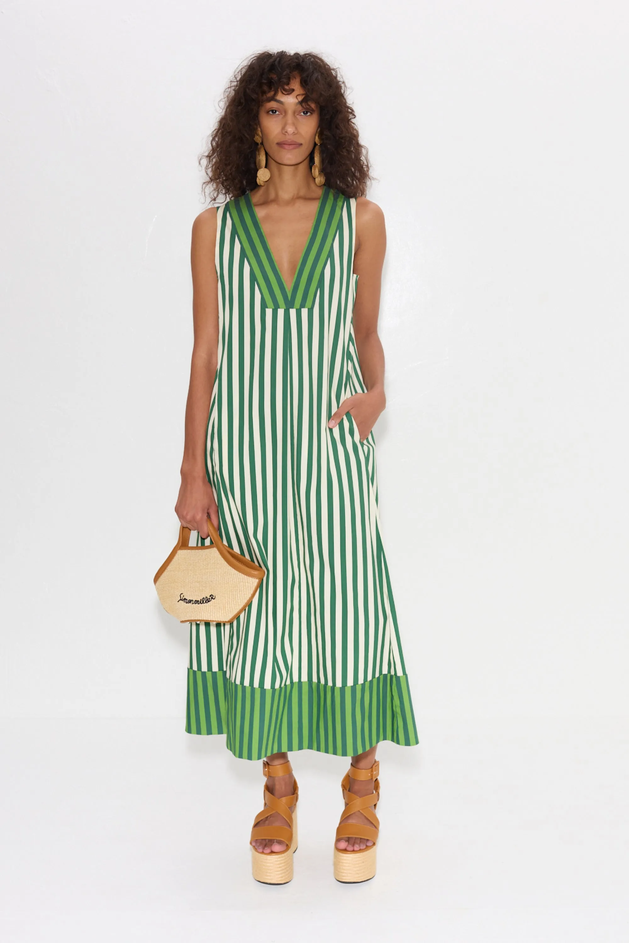 Mar Striped Poplin Dress in Green Stripe Combo sold by Simon Miller