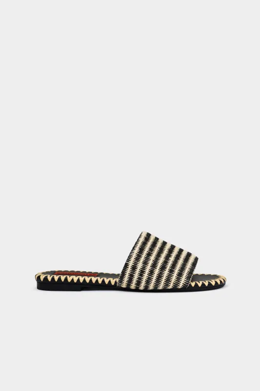 Stripe Raffia Salerno Slide in Black/Natural Stripe sold by Simon Miller