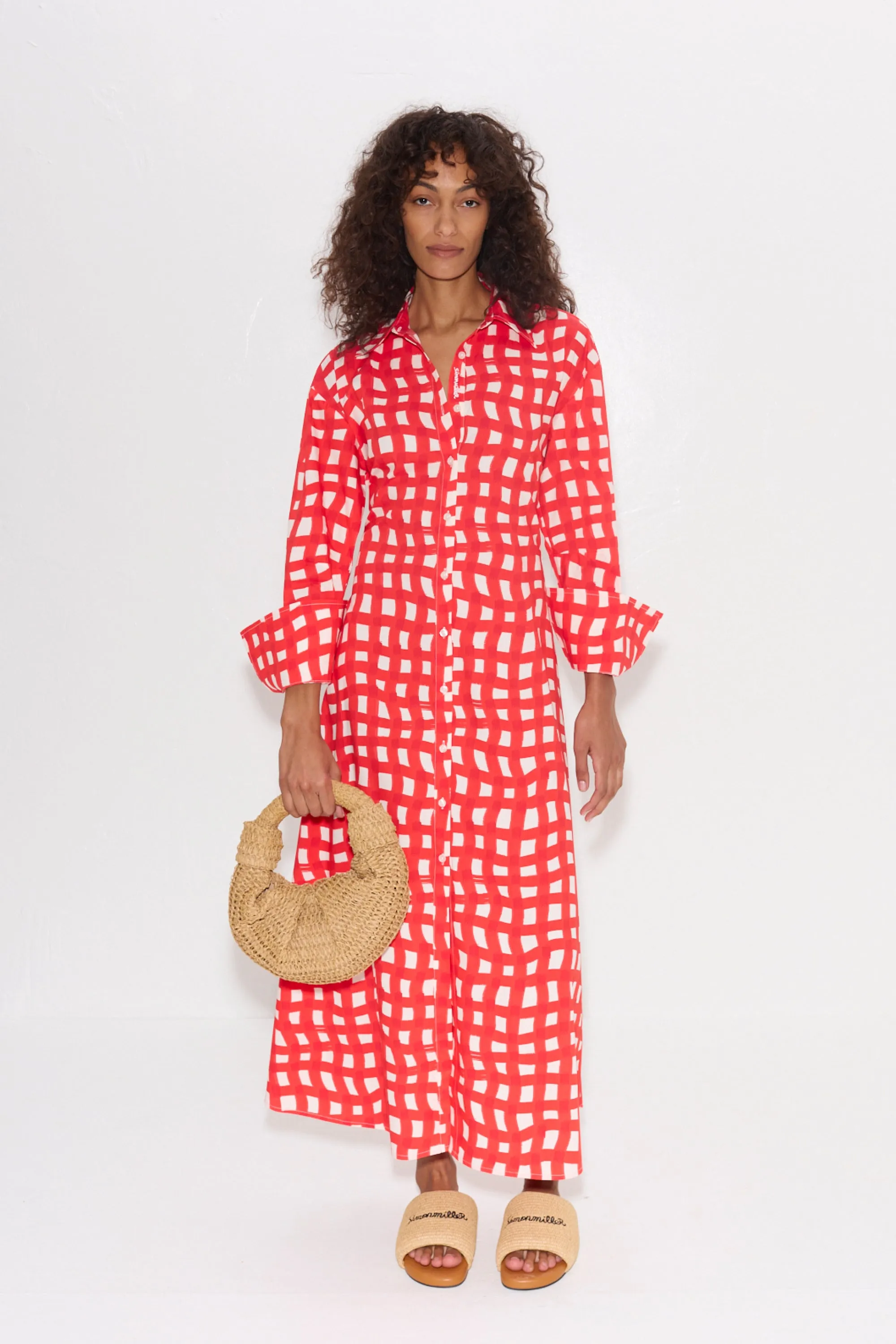 Loch Poplin Maxi Dress in Cherry Red Wavy Gingham sold by Simon Miller