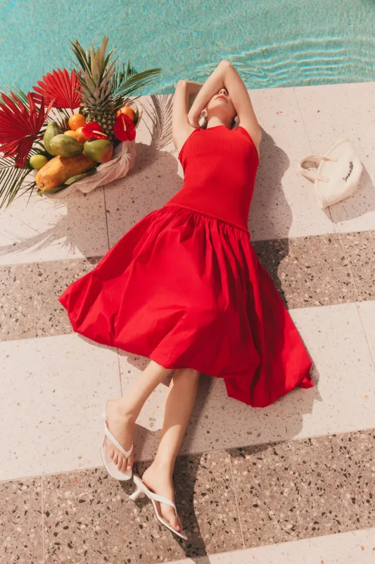 Yanez Poplin Combo Dress in Cherry Red sold by Simon Miller