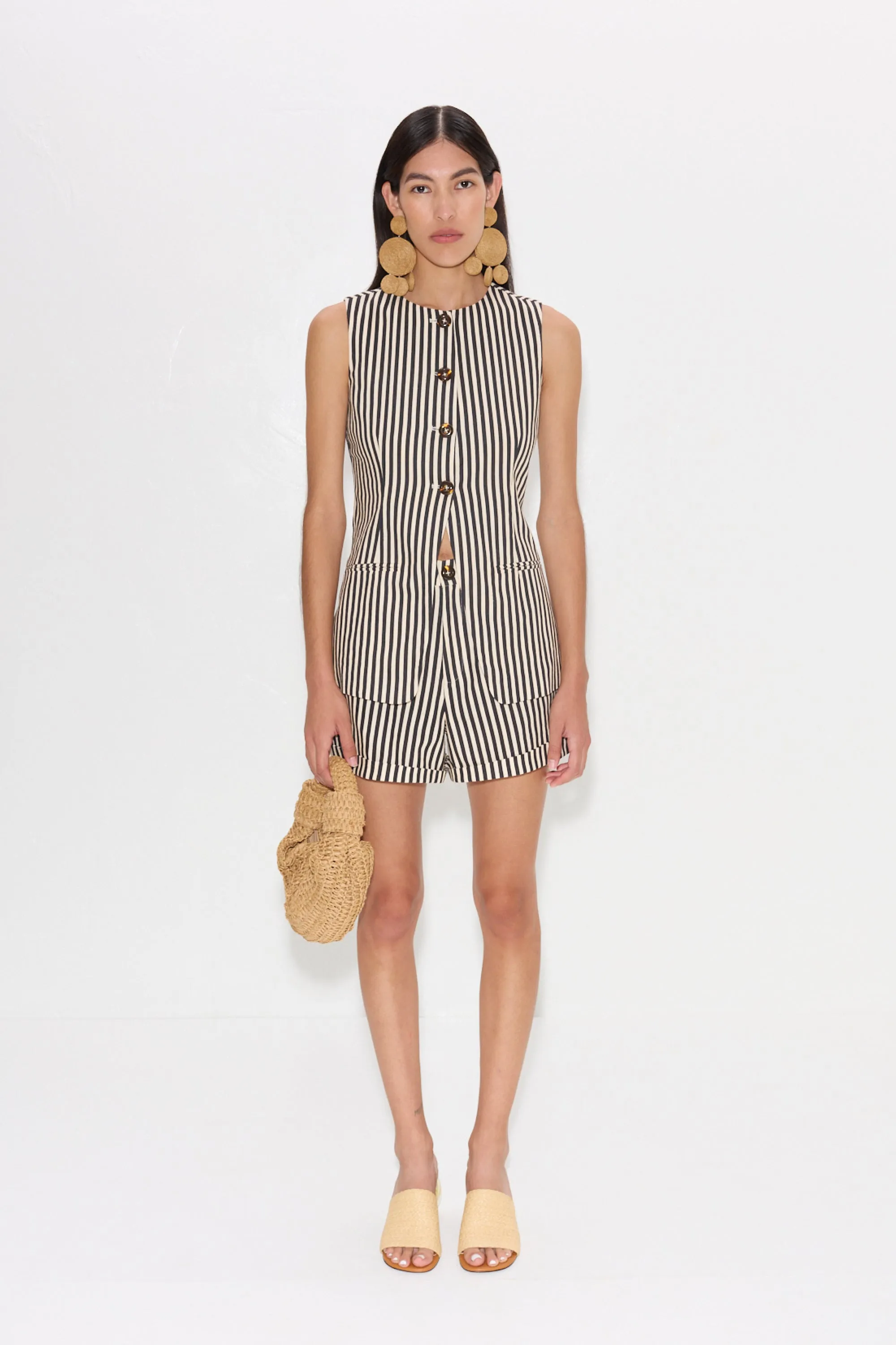 Del Mar Linen Vest in Black/Macadamia Micro Stripes sold by Simon Miller product image thumbnail 5