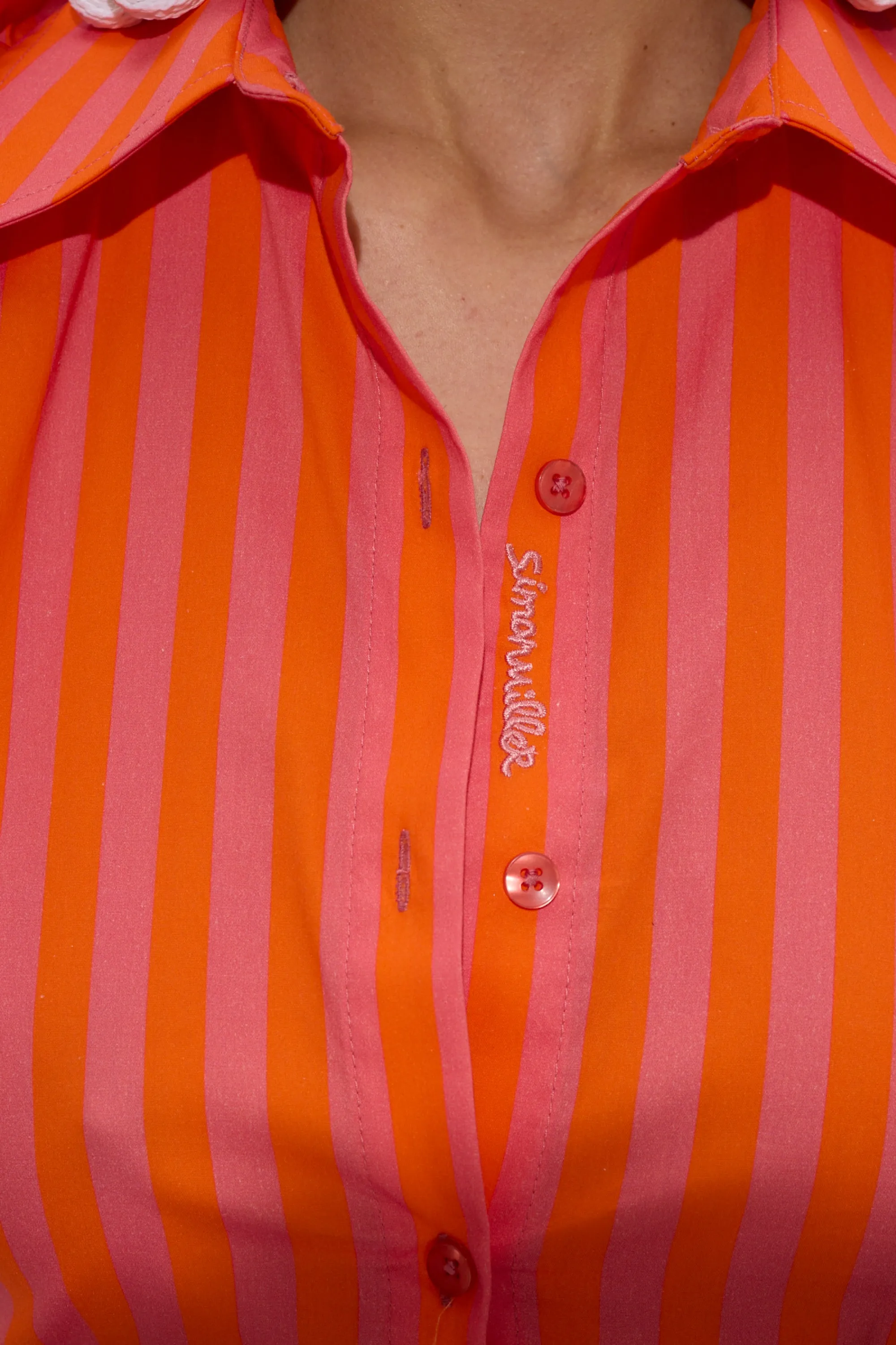 Loch Striped Poplin Button Up in Hibiscus/Tangerine Stripe sold by Simon Miller product image thumbnail 5