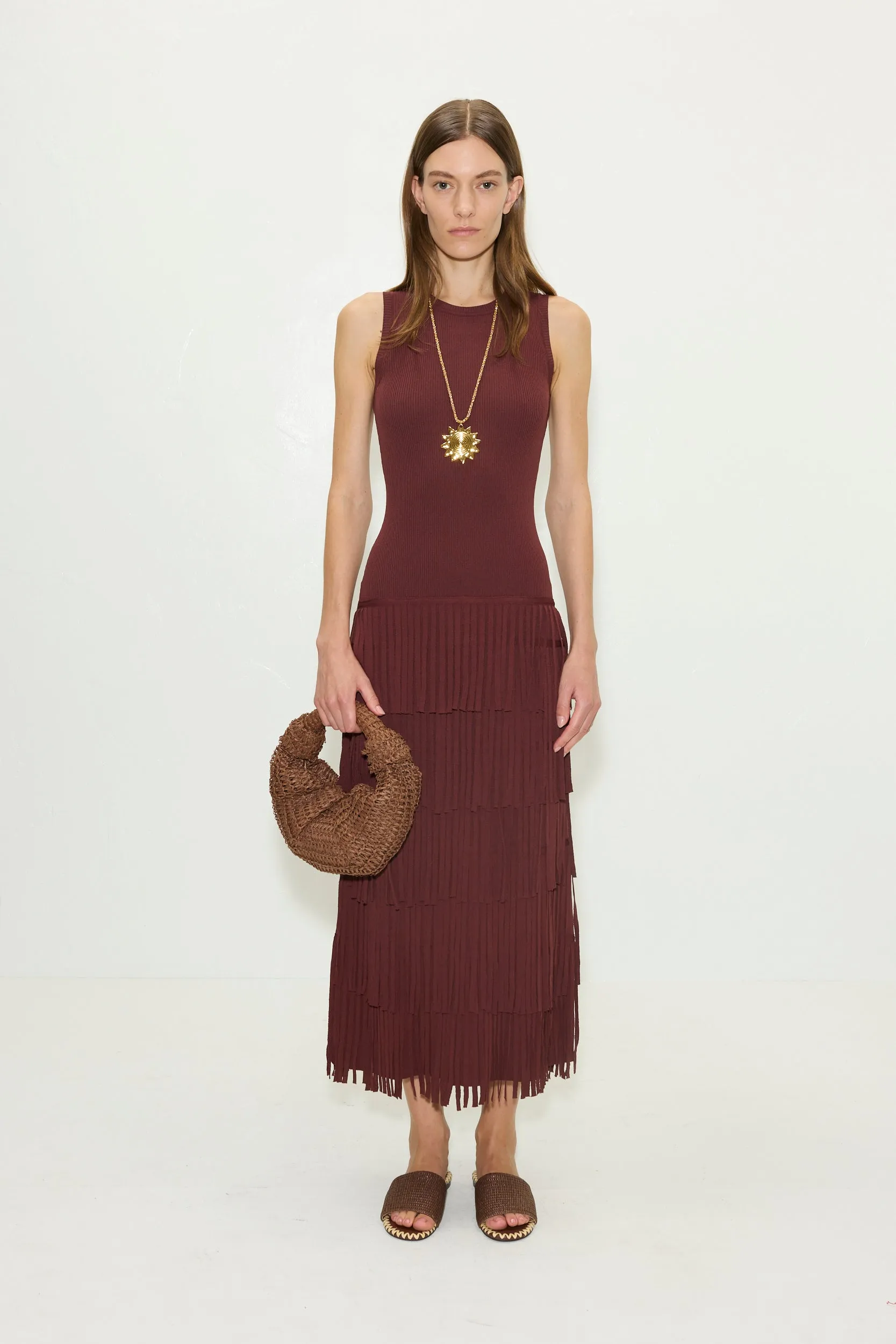 Za Za Sleeveless Knit Fringe Dress in Choco Brown sold by Simon Miller product image thumbnail 3