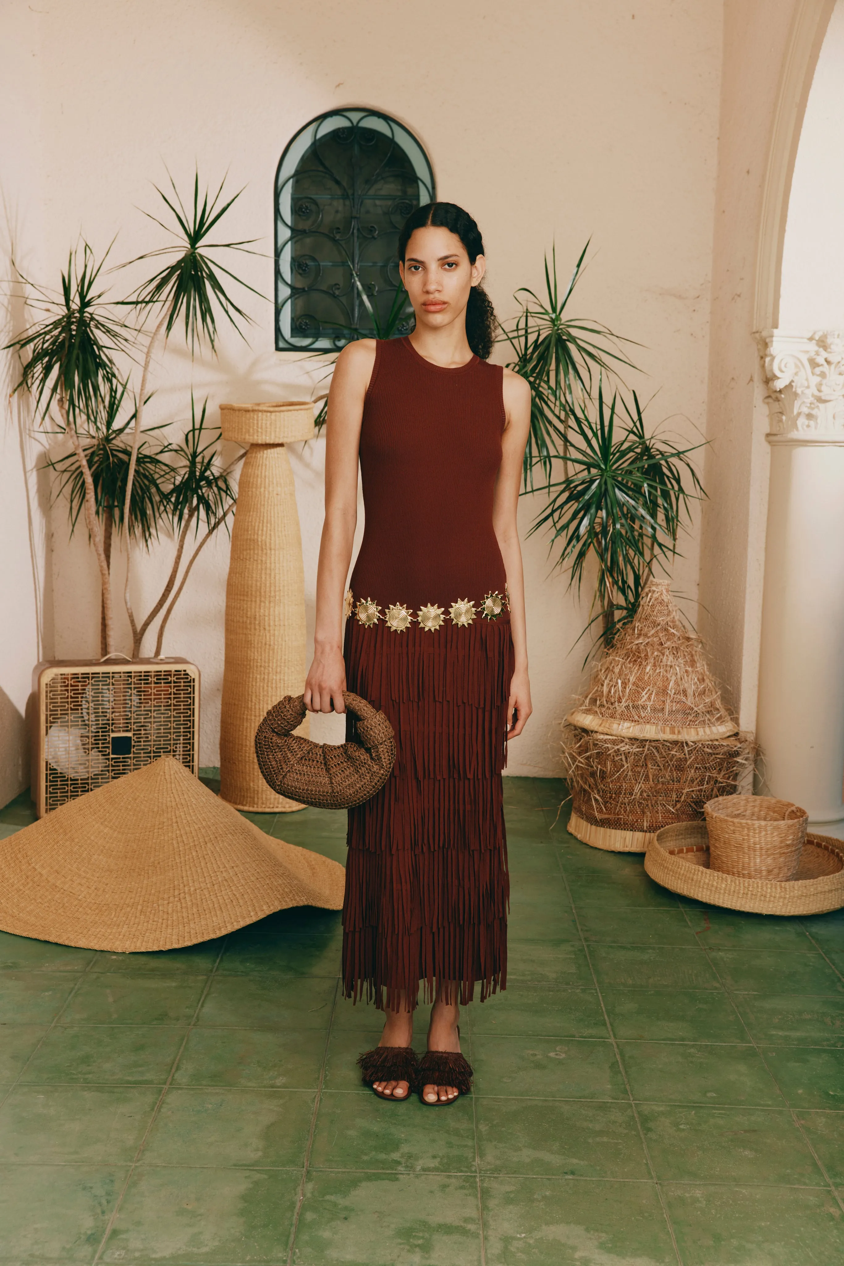 Za Za Sleeveless Knit Fringe Dress in Choco Brown sold by Simon Miller