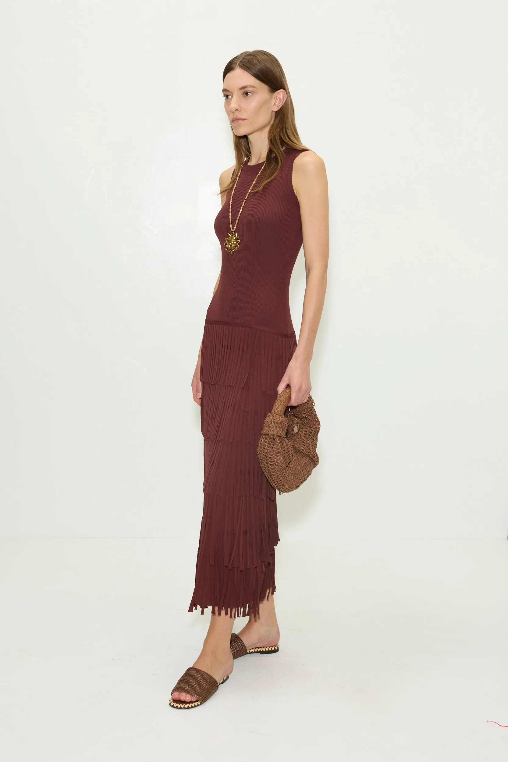 Za Za Sleeveless Knit Fringe Dress in Choco Brown sold by Simon Miller product image thumbnail 4